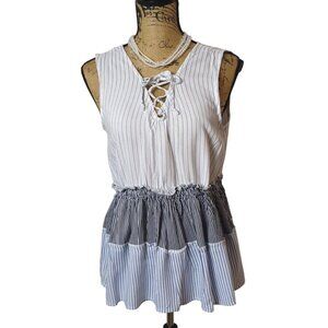 Maurices Striped Sleeveless Peplum Top M  Lace-Up Neckline Ruffle Cottagecore